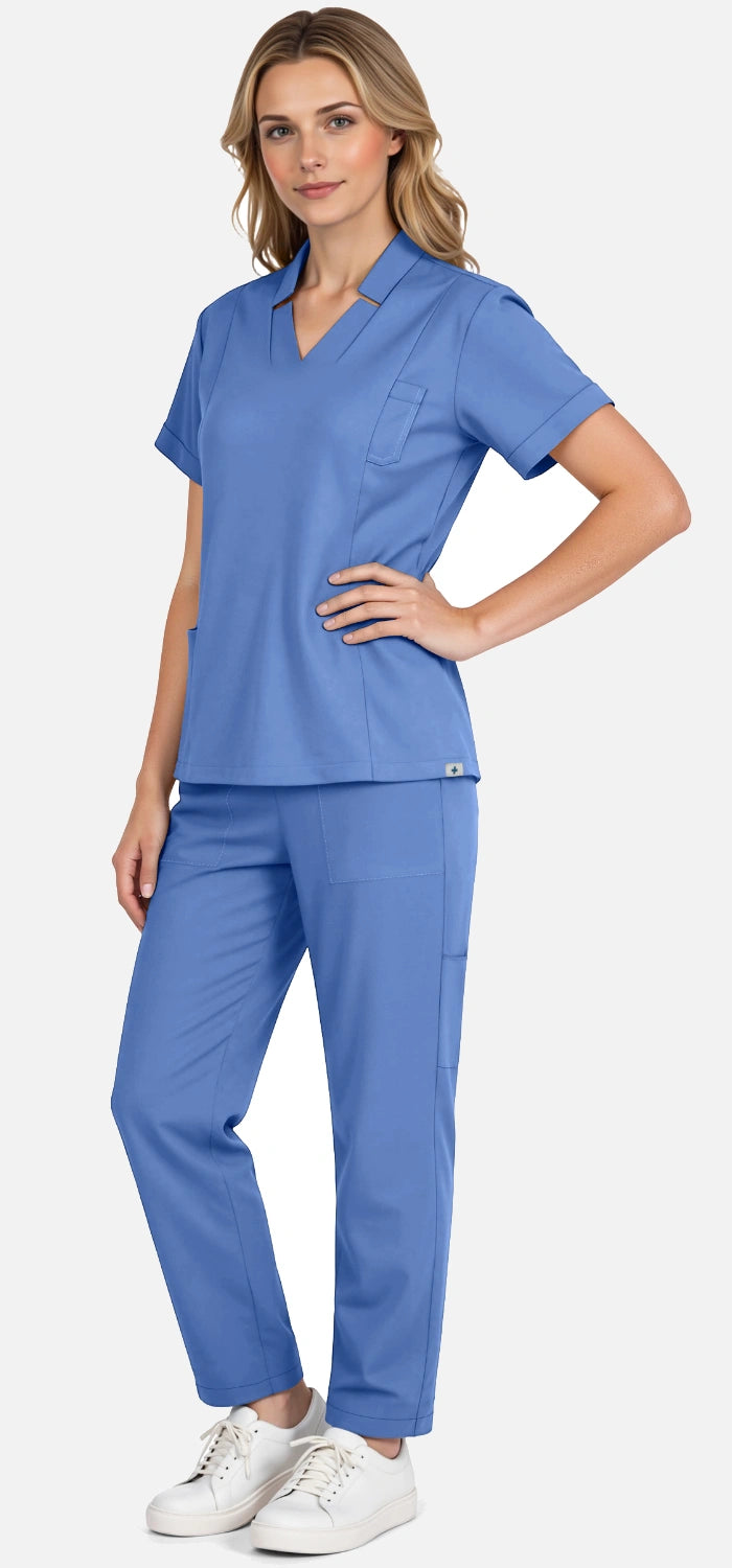 Ceil Blue – Eadflie Women's Split V-Neck Uniform Set – Tapered-Leg 9-Pocket Slim Fit – product image 04