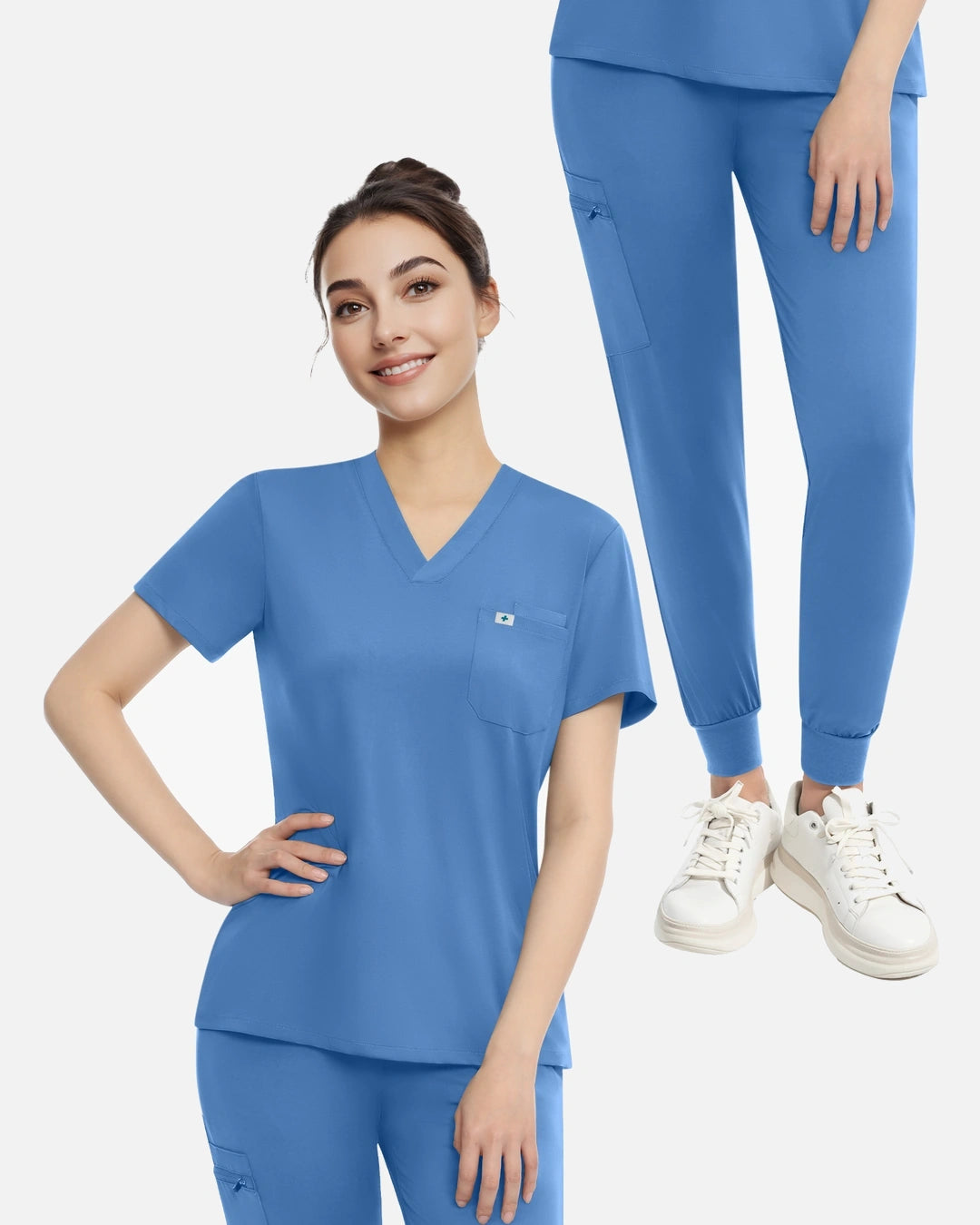 Ceil Blue – Eadflie Women's Knit V-Neck Jogger Uniform Set – product image 71