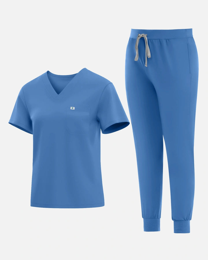 Eadflie Women's Knit V-Neck Jogger Uniform Set - Ceil Blue