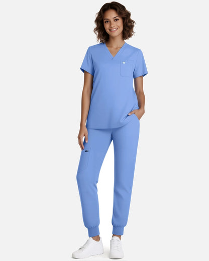 Ceil Blue – Eadflie Women's Classic V-Neck Jogger Uniform Set – product image 01