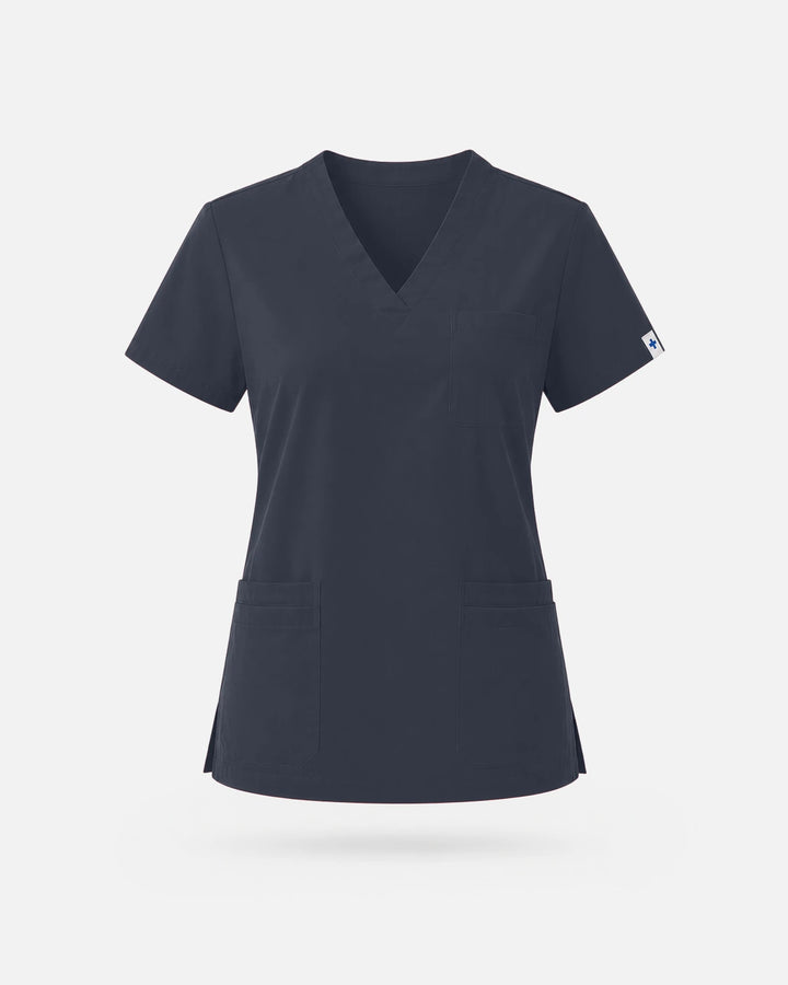 Eadflie Women's V-Neck Uniform Top – Short Sleeve 3-Pocket Soft Stretch - Charcoal Grey
