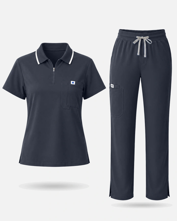 Eadflie Women's Zip Polo Straight-Leg Uniform Set - Charcoal Grey