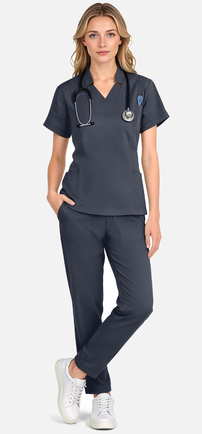 Charcoal Grey – Eadflie Women's Split V-Neck Uniform Set – Tapered-Leg 9-Pocket Slim Fit – product image 89