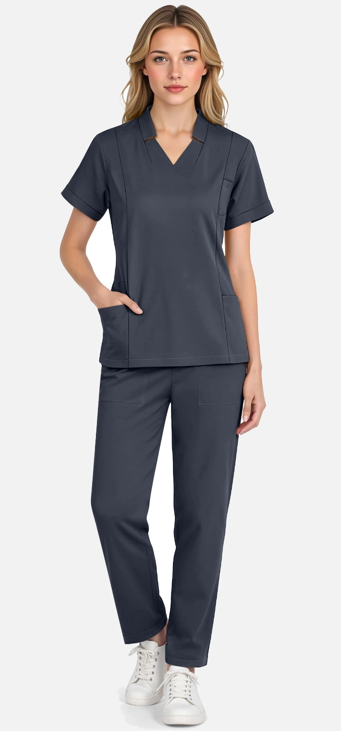 Charcoal Grey – Eadflie Women's Split V-Neck Uniform Set – Tapered-Leg 9-Pocket Slim Fit – product image 91