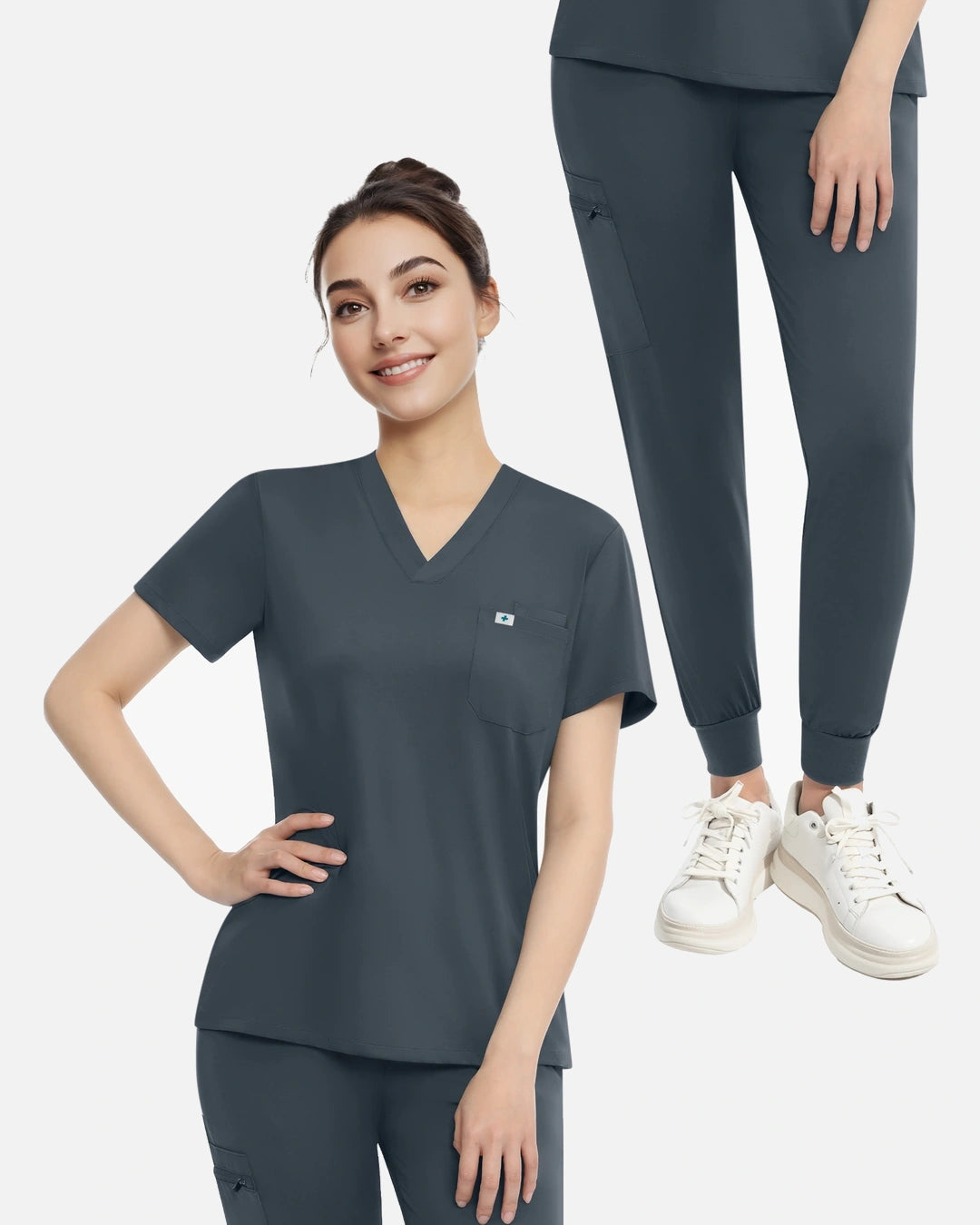 Charcoal Grey – Eadflie Women's Knit V-Neck Jogger Uniform Set – product image 64