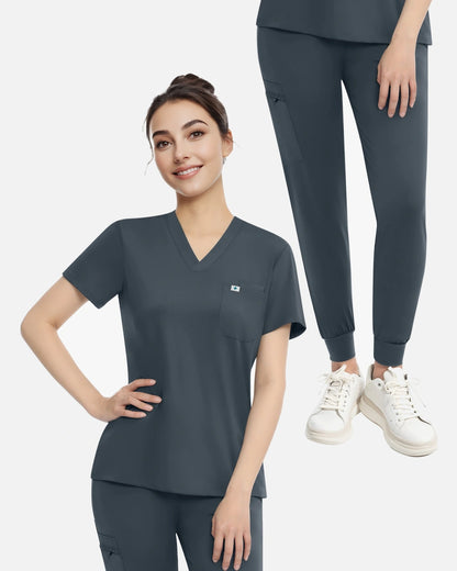 Charcoal Grey – Eadflie Women's Knit V-Neck Jogger Uniform Set – product image 64