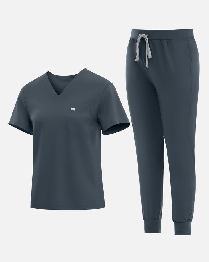 Eadflie Women's Knit V-Neck Jogger Uniform Set - Charcoal Grey