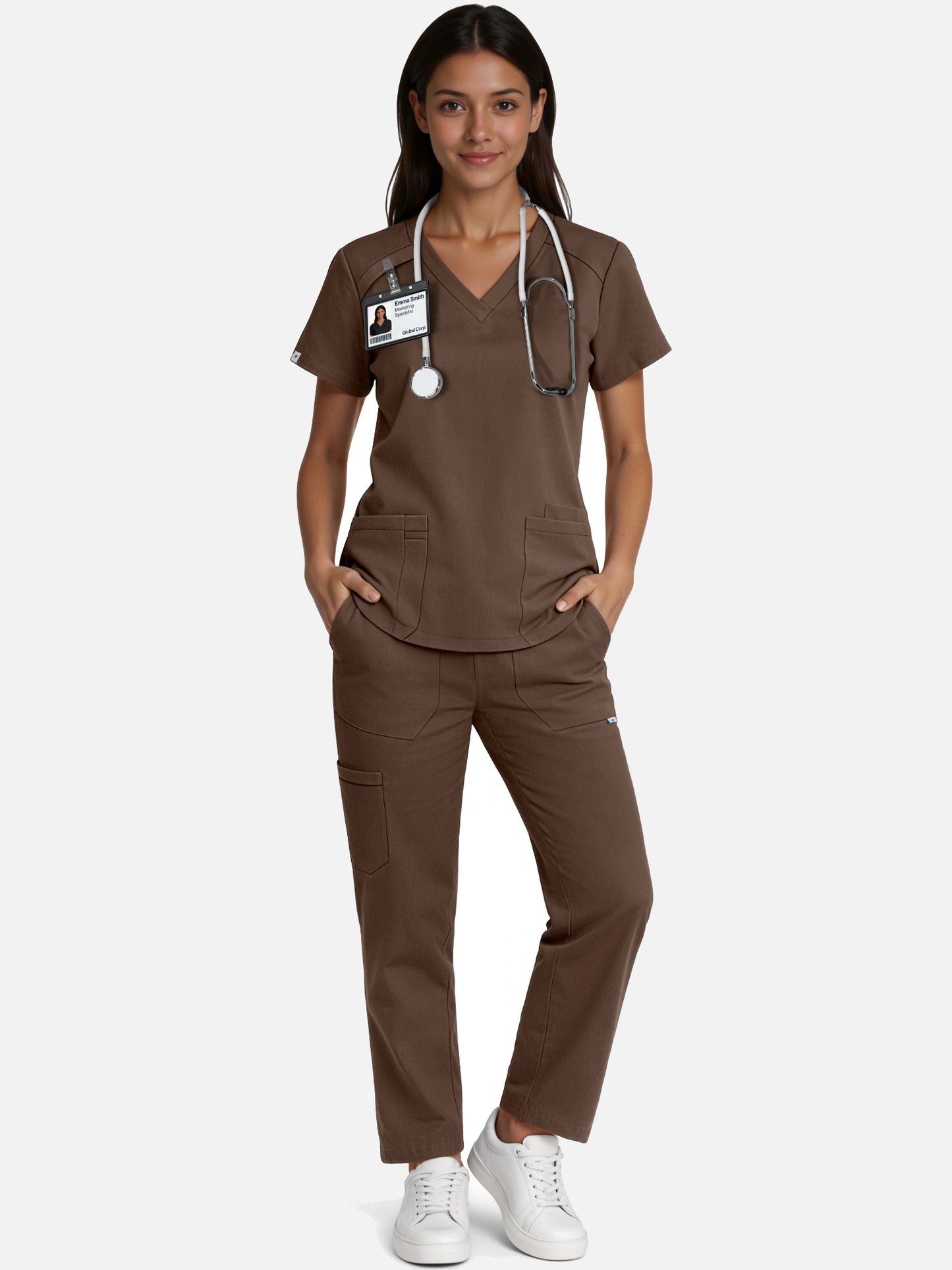Coffee – Eadflie Women's Woven V-Neck Uniform Set – Straight-Leg Structured – product image 42