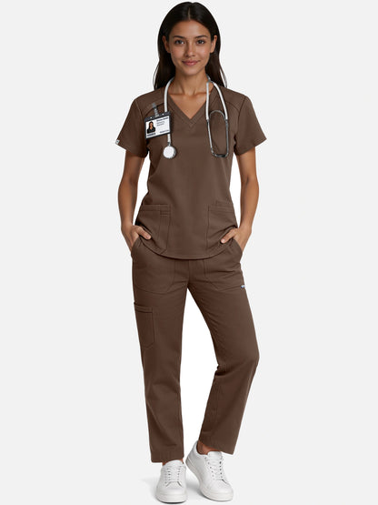Coffee – Eadflie Women's Woven V-Neck Uniform Set – Straight-Leg Structured – product image 42