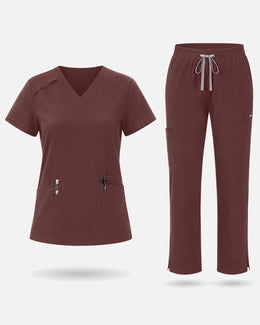 Eadflie Women's Woven V-Neck Uniform Set – Straight-Leg Structured