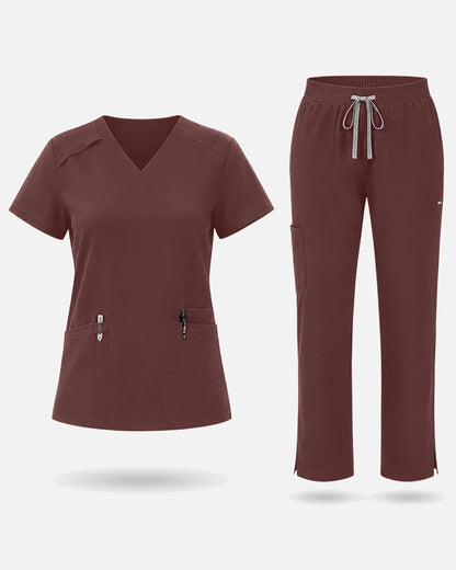 Coffee – Eadflie Women's Woven V-Neck Uniform Set – Straight-Leg Structured – product image 41