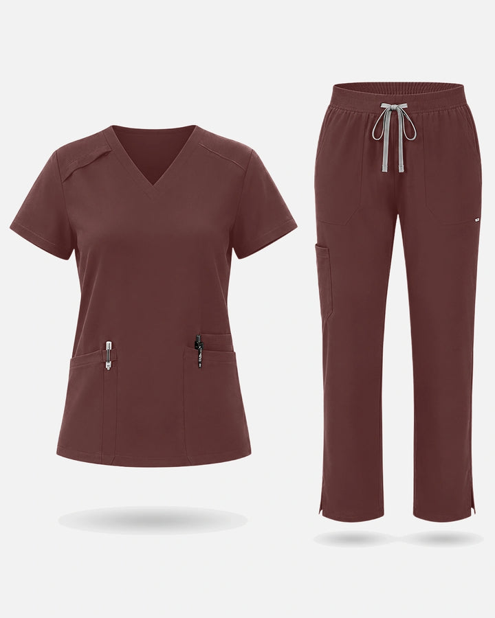 Eadflie Women's Woven V-Neck Uniform Set – Straight-Leg Structured - Coffee