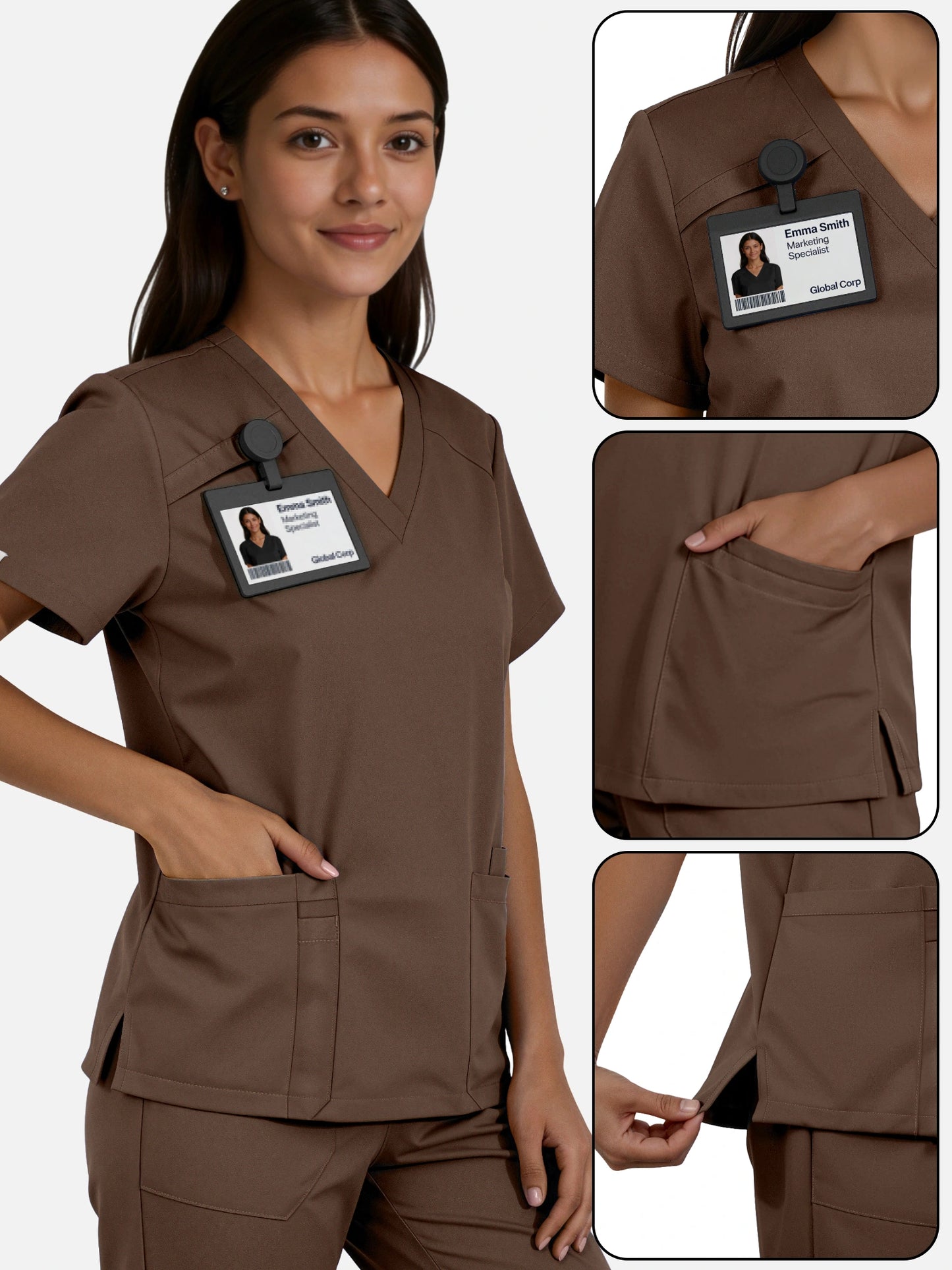 Coffee – Eadflie Women's Woven V-Neck Uniform Set – Straight-Leg Structured – product image 45