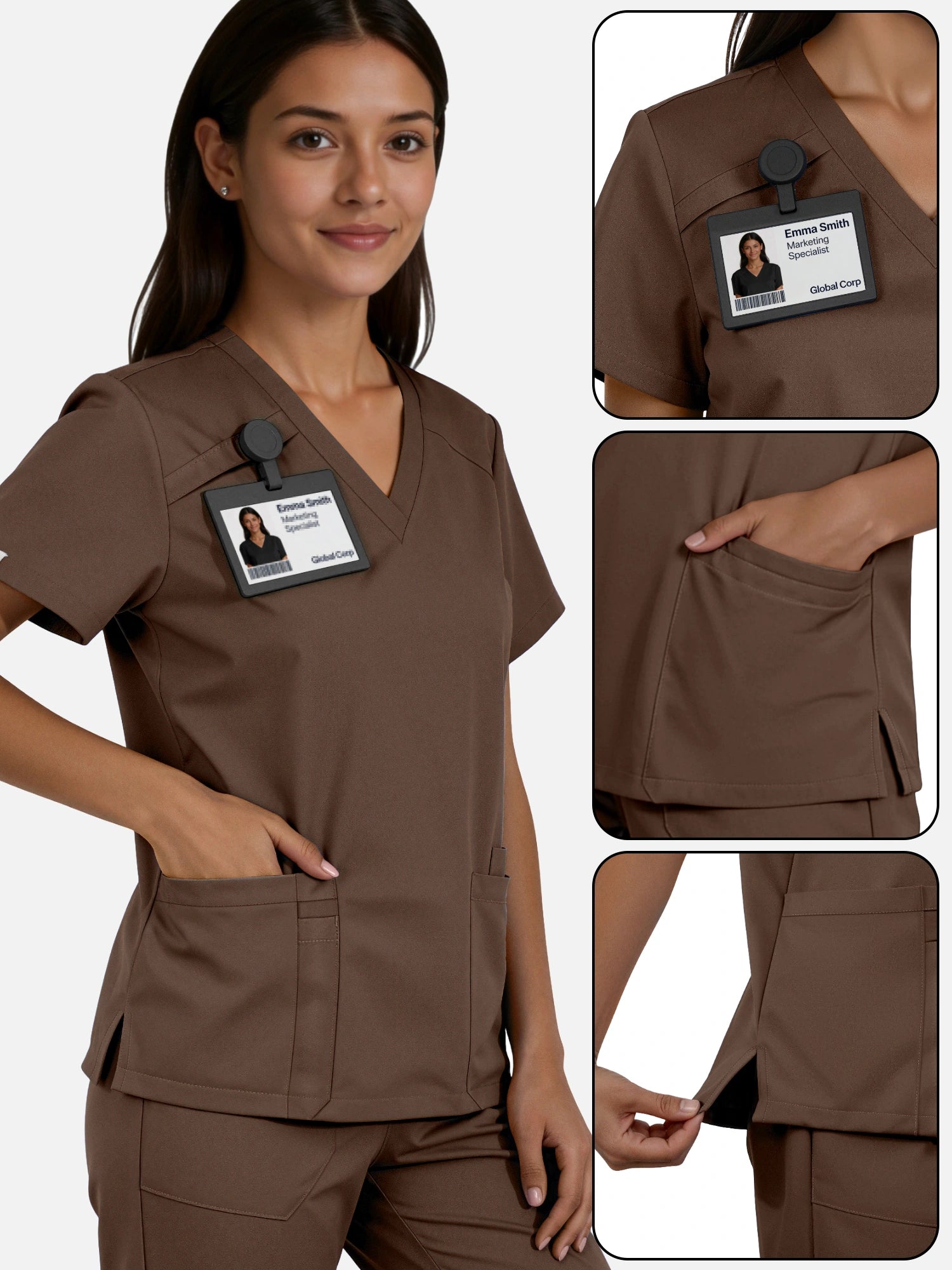 Coffee – Eadflie Women's Woven V-Neck Uniform Set – Straight-Leg Structured – product image 45