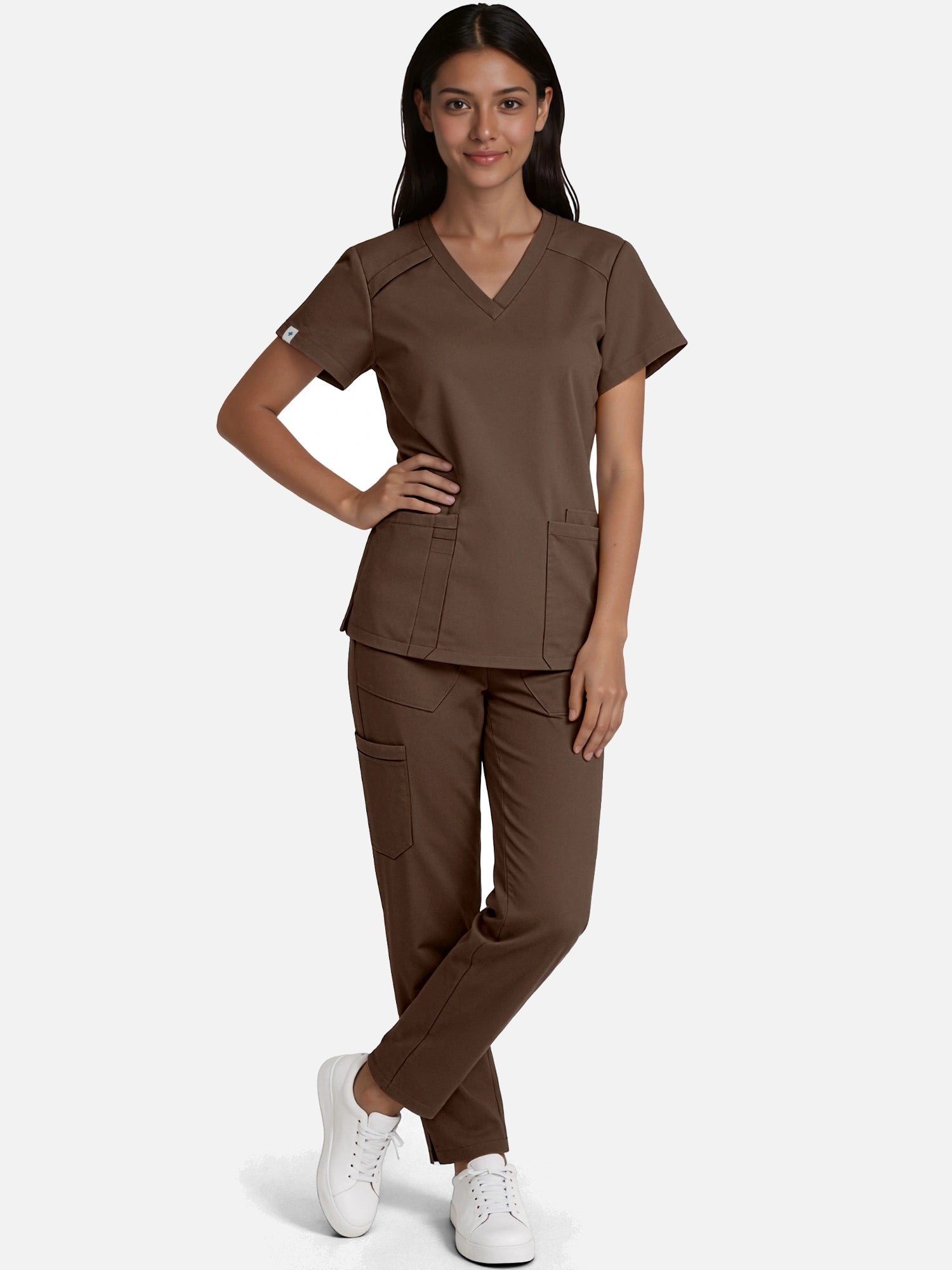 Coffee – Eadflie Women's Woven V-Neck Uniform Set – Straight-Leg Structured – product image 49