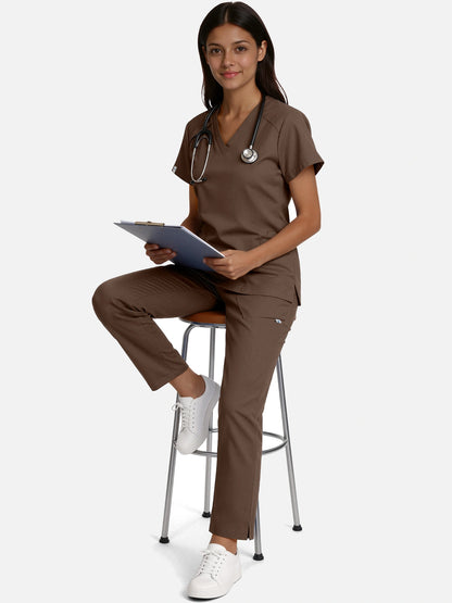 Coffee – Eadflie Women's Woven V-Neck Uniform Set – Straight-Leg Structured – product image 50