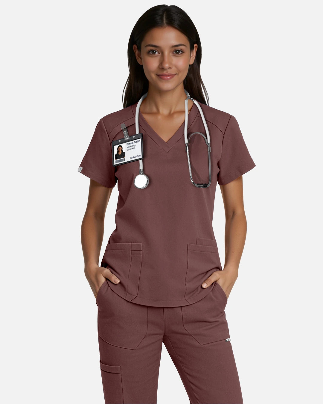 Coffee – Eadflie Women's Woven V-Neck Uniform Top – Structured with Shoulder Piping – product image 14