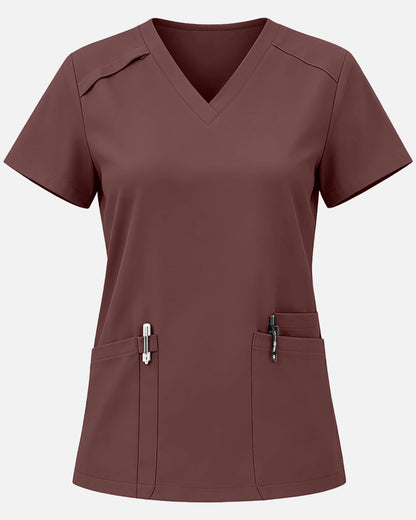 Coffee – Eadflie Women's Woven V-Neck Uniform Top – Structured with Shoulder Piping – product image 11
