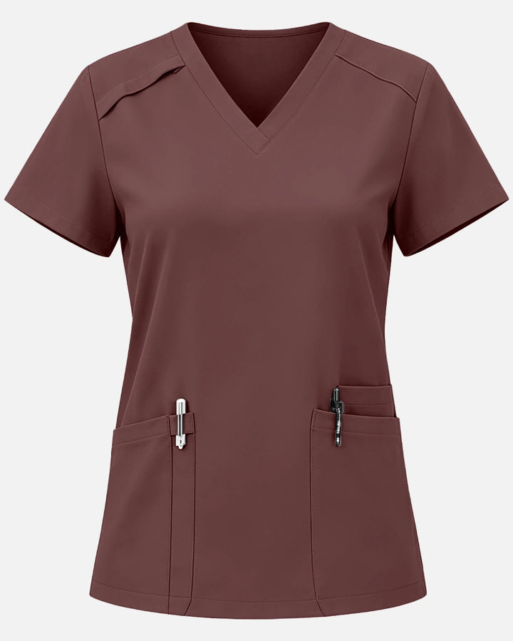 Eadflie Women's Woven V-Neck Uniform Top – Structured with Shoulder Piping - Coffee