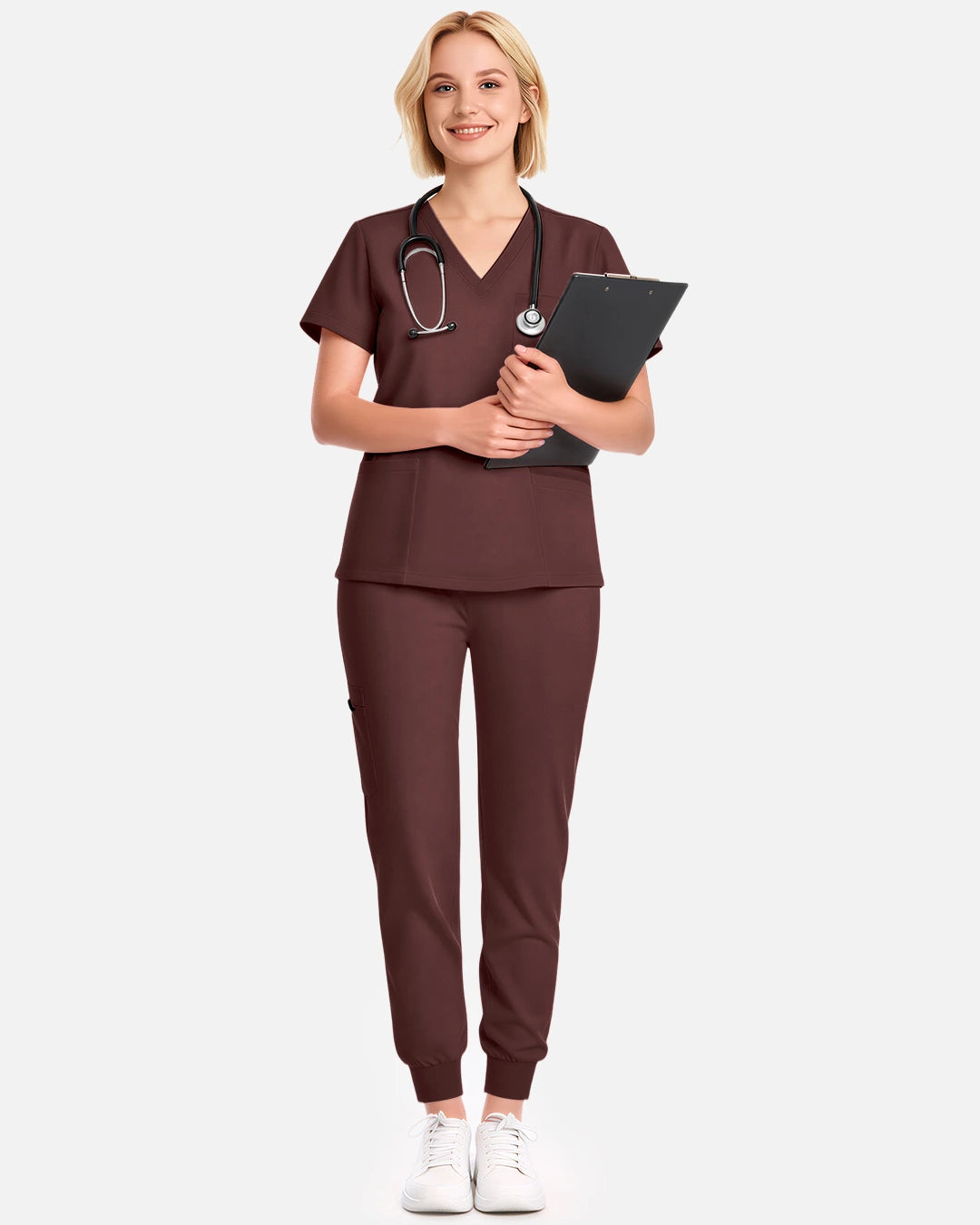 Coffee – Eadflie Women's V-Neck Uniform Top – Short Sleeve 3-Pocket Soft Stretch – product image 33