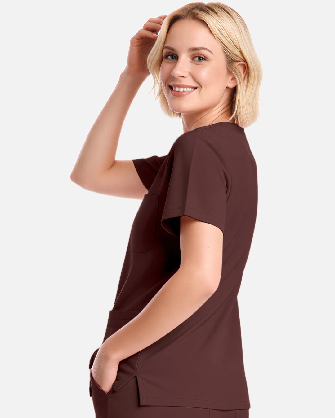 Coffee – Eadflie Women's V-Neck Uniform Top – Short Sleeve 3-Pocket Soft Stretch – product image 34