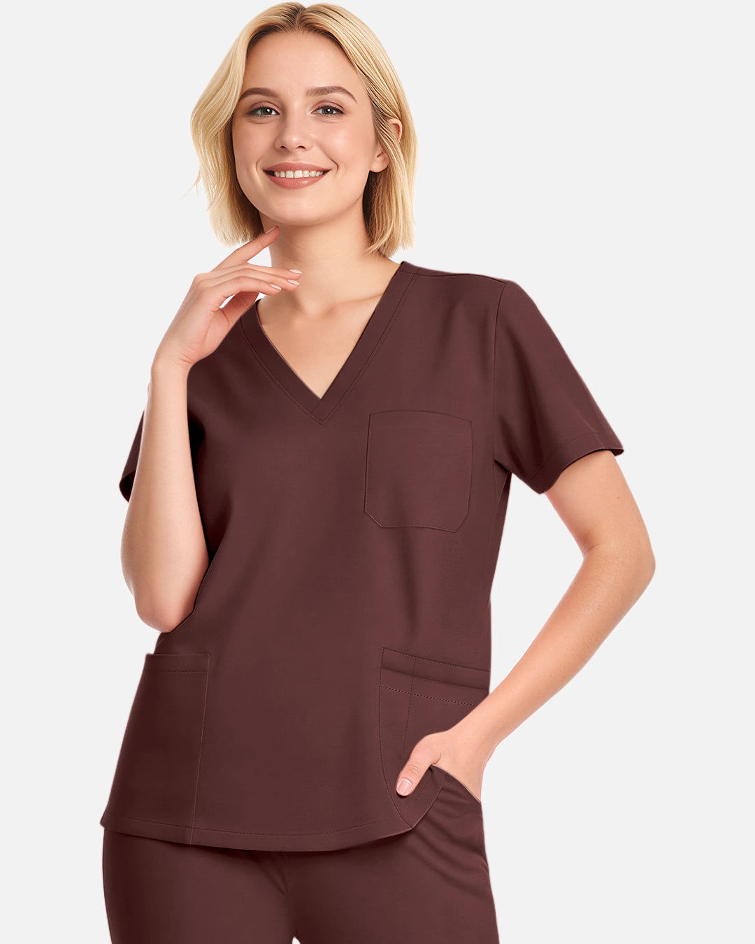 Coffee – Eadflie Women's V-Neck Uniform Top – Short Sleeve 3-Pocket Soft Stretch – product image 32