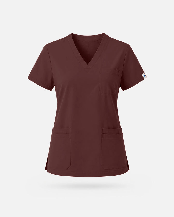Eadflie Women's V-Neck Uniform Top – Short Sleeve 3-Pocket Soft Stretch - Coffee