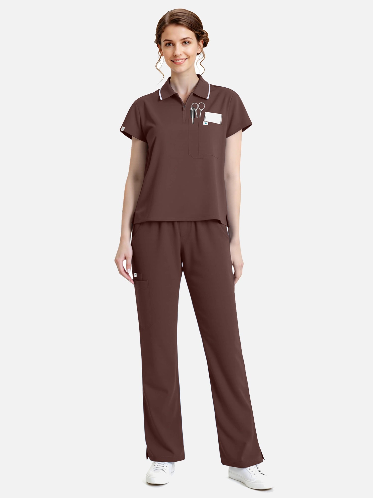 Coffee – Eadflie Women's Zip Polo Straight-Leg Uniform Set – product image 01