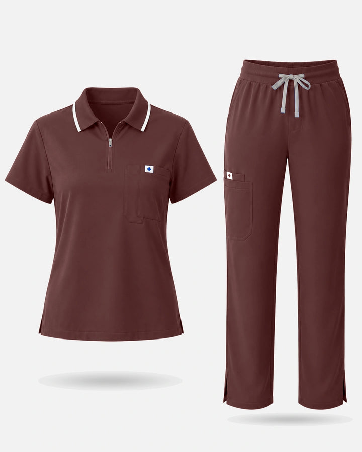 Eadflie Women's Zip Polo Straight-Leg Uniform Set - Coffee