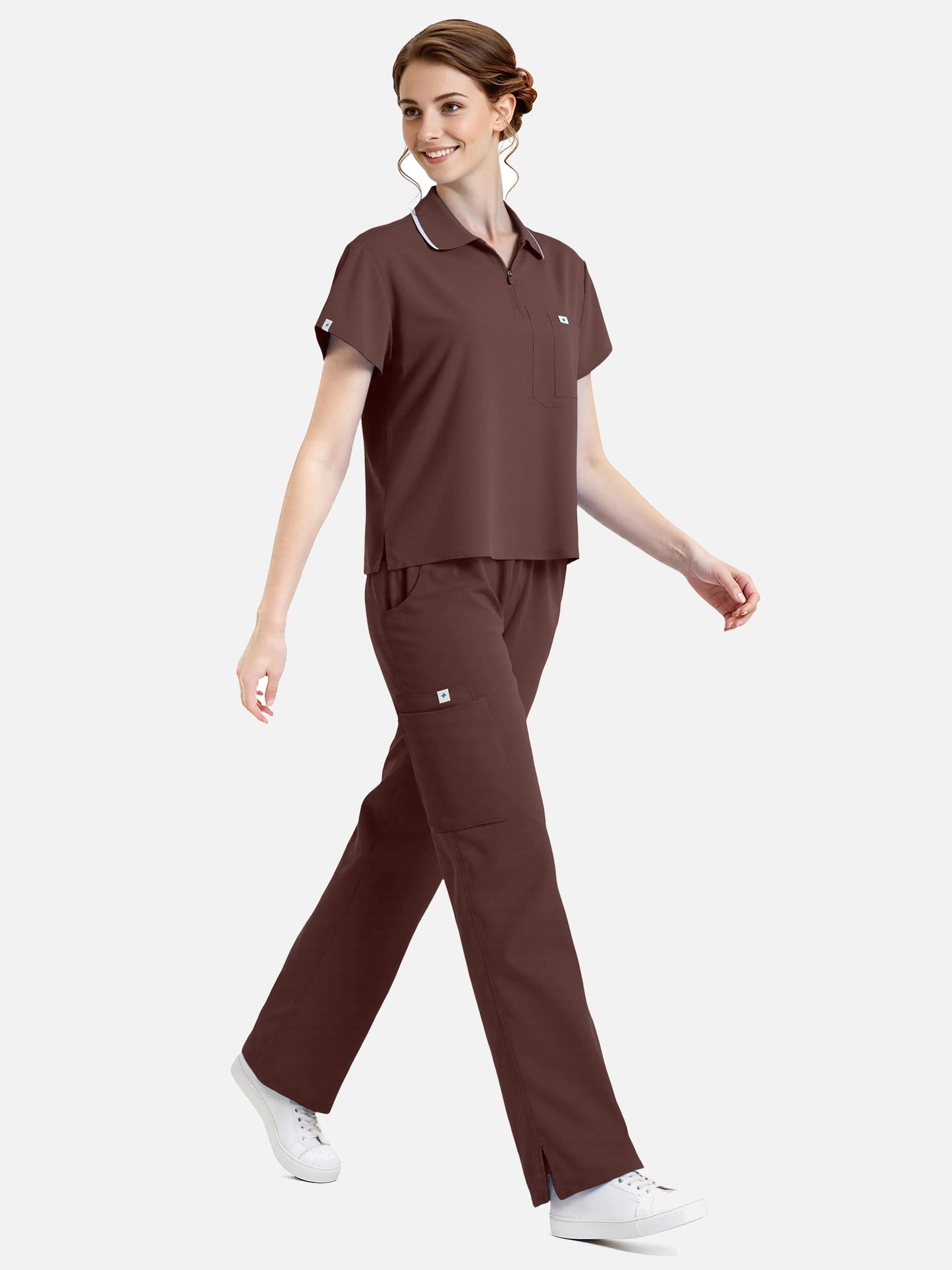 Coffee – Eadflie Women's Zip Polo Straight-Leg Uniform Set – product image 08