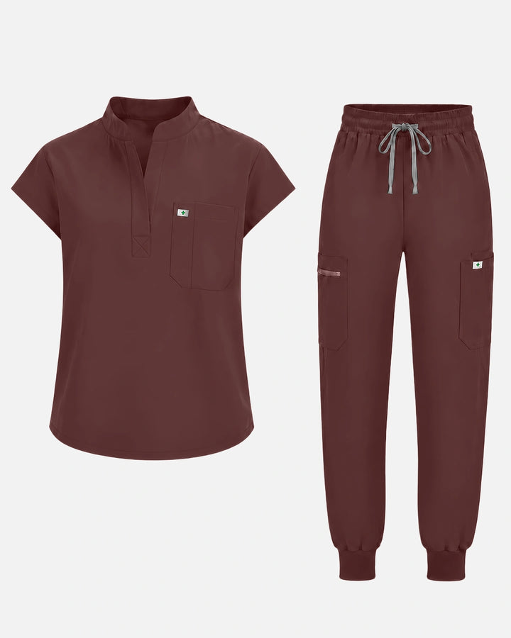 Eadflie Women's Henley Sleeveless Jogger Uniform Set - Coffee