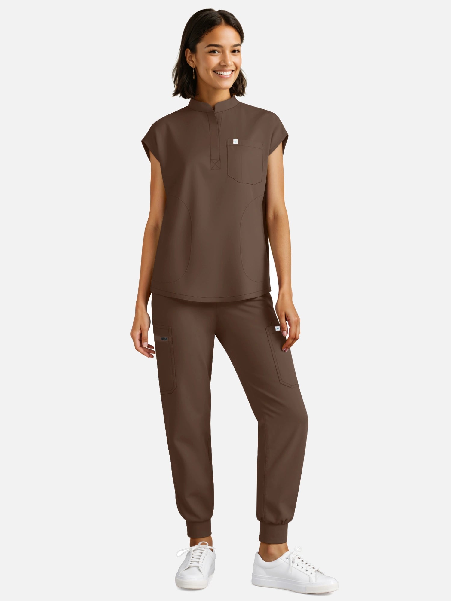 Coffee – Eadflie Women's Henley Sleeveless Jogger Uniform Set – product image 38