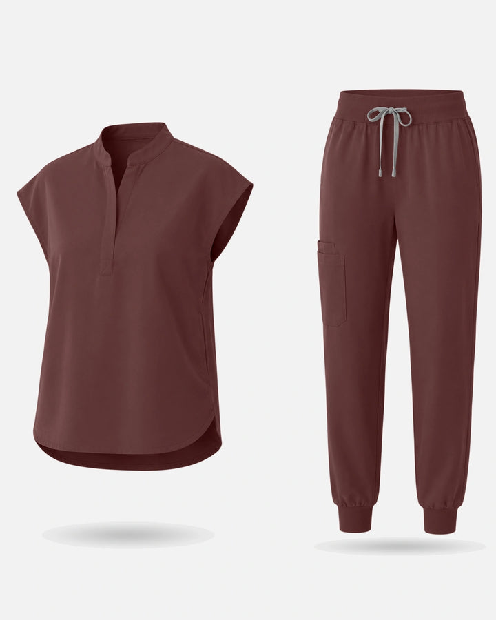 Eadflie Women's Sleeveless Mandarin Collar Jogger Uniform Set - Coffee