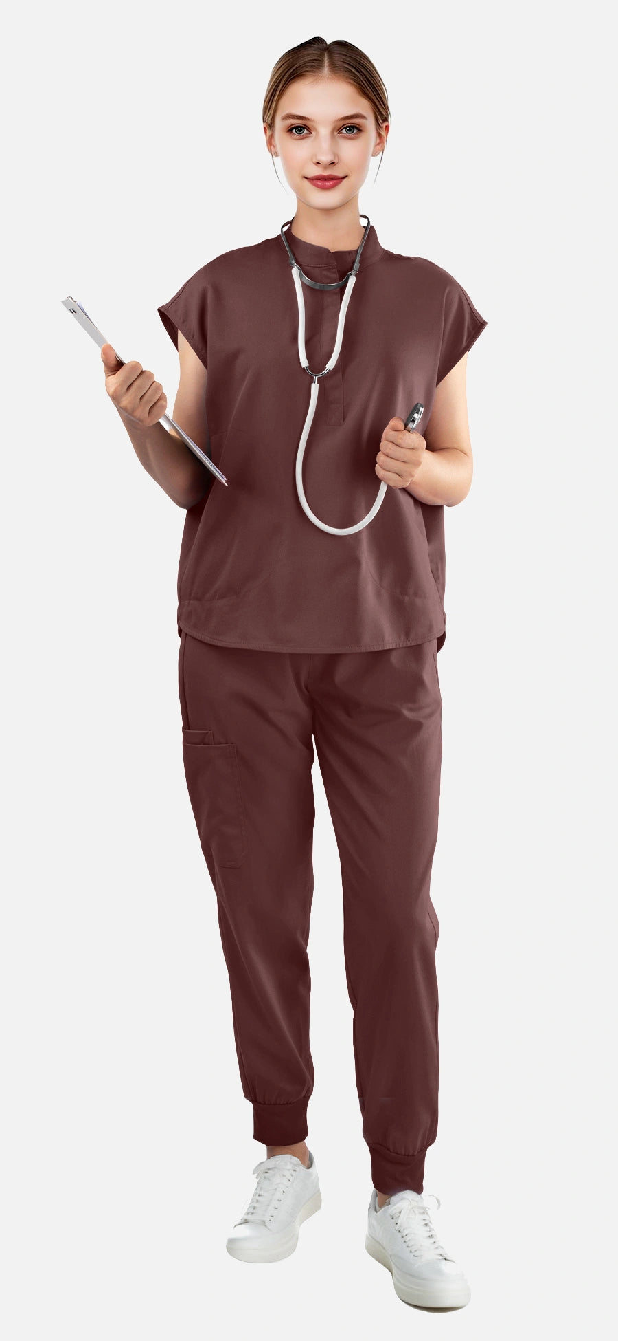 Coffee – Eadflie Women's Sleeveless Mandarin Collar Jogger Uniform Set – product image 44