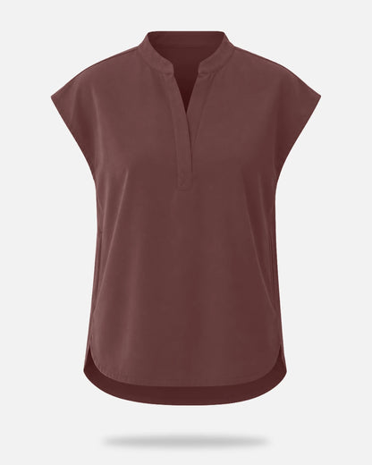 Coffee – Eadflie Women's Sleeveless Mandarin Collar Uniform Top – product image 19