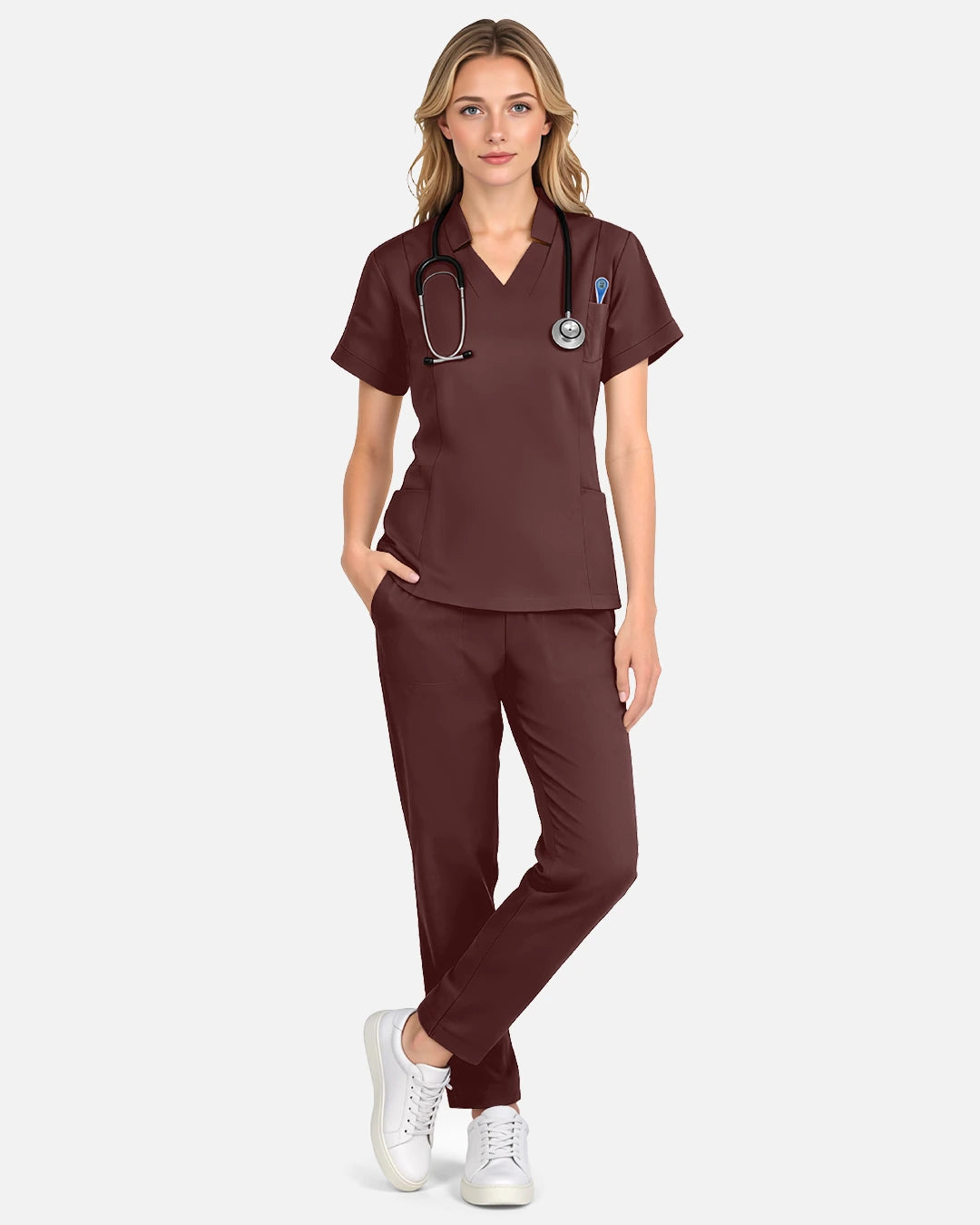 Coffee – Eadflie Women's Split V-Neck Uniform Top – product image 33