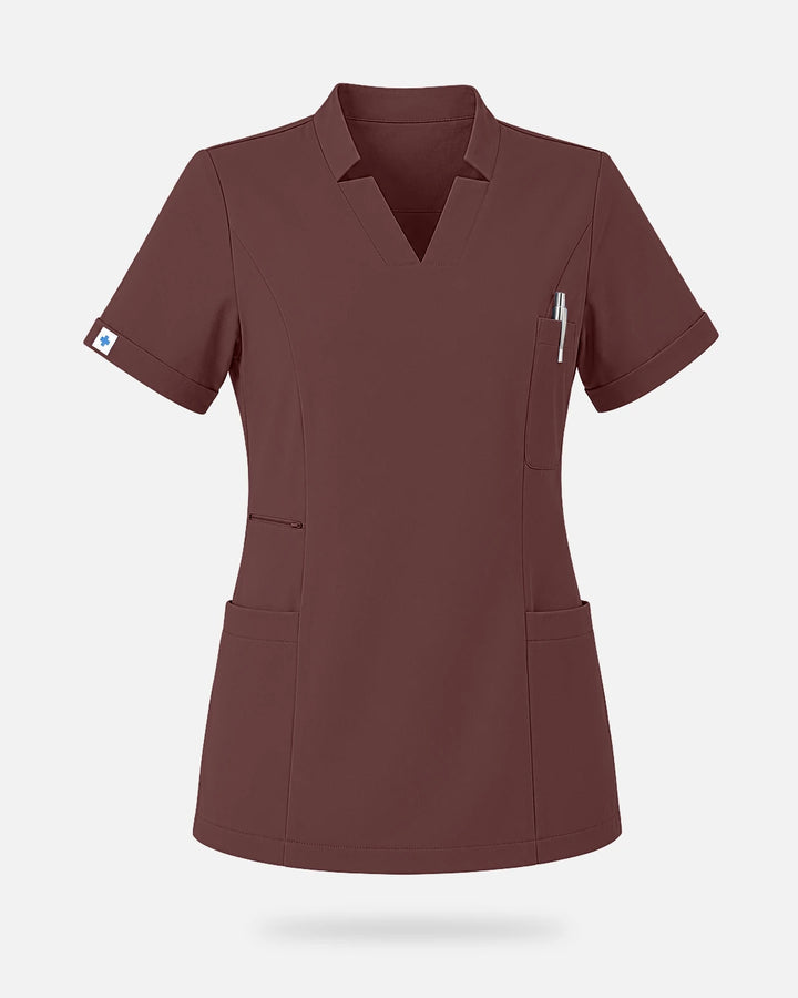 Eadflie Women's Split V-Neck Uniform Top - Coffee