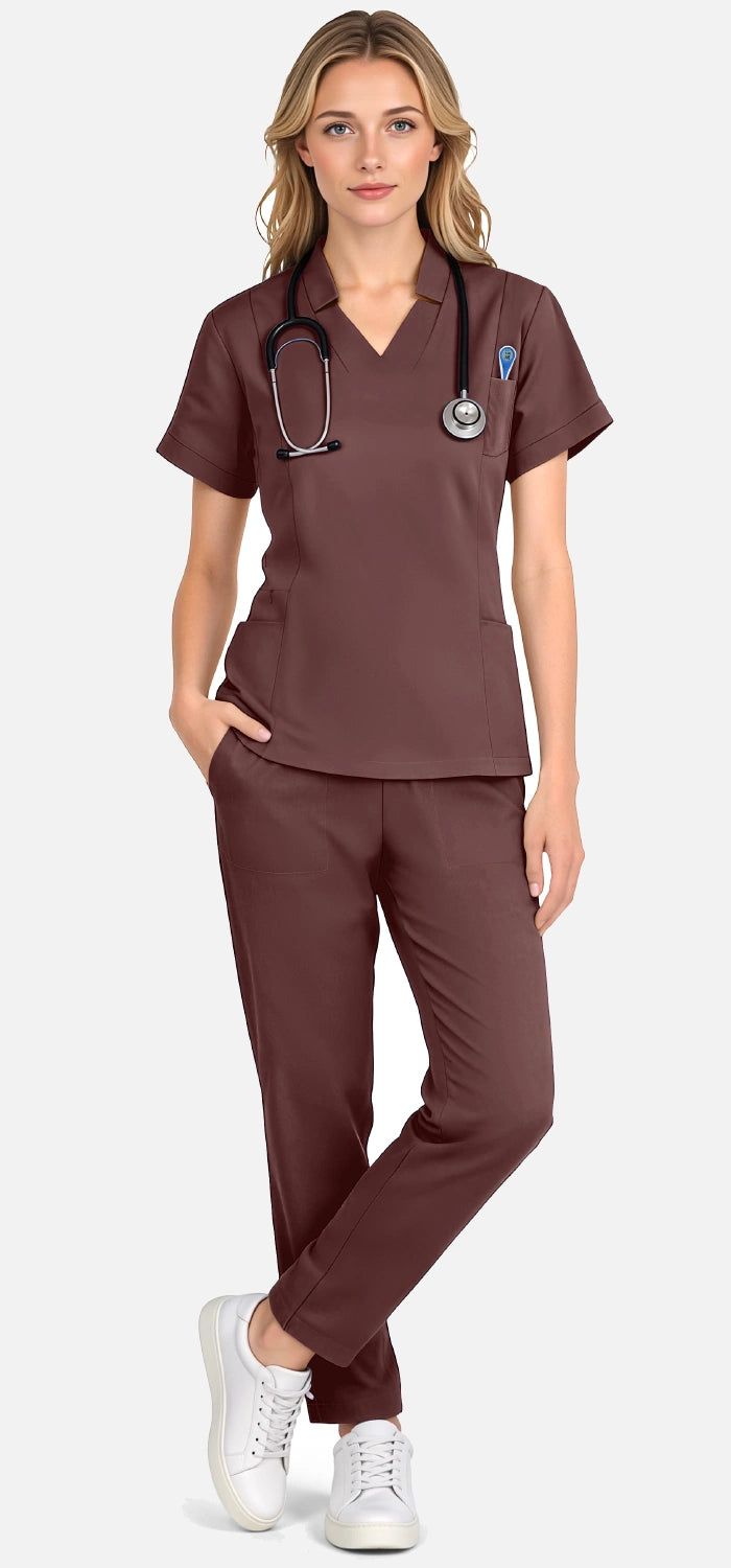 Coffee – Eadflie Women's Split V-Neck Uniform Set – Tapered-Leg 9-Pocket Slim Fit – product image 42
