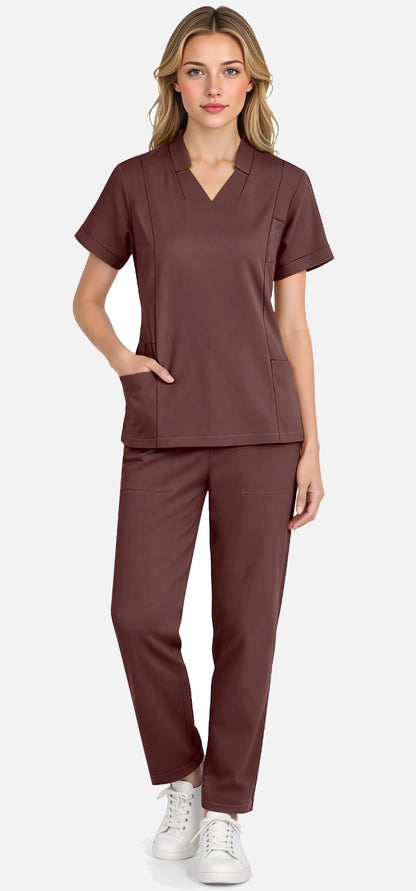 Coffee – Eadflie Women's Split V-Neck Uniform Set – Tapered-Leg 9-Pocket Slim Fit – product image 43