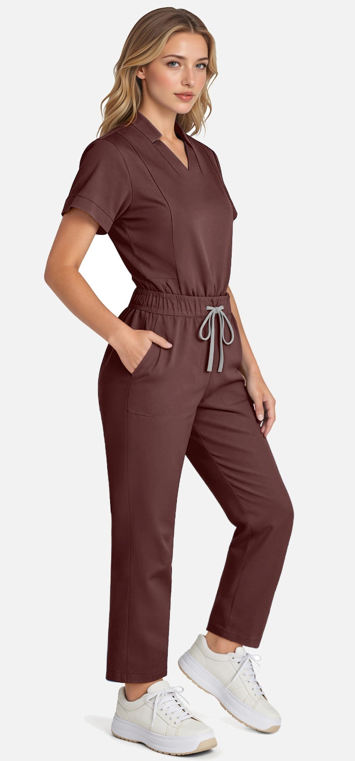 Coffee – Eadflie Women's Split V-Neck Uniform Set – Tapered-Leg 9-Pocket Slim Fit – product image 44
