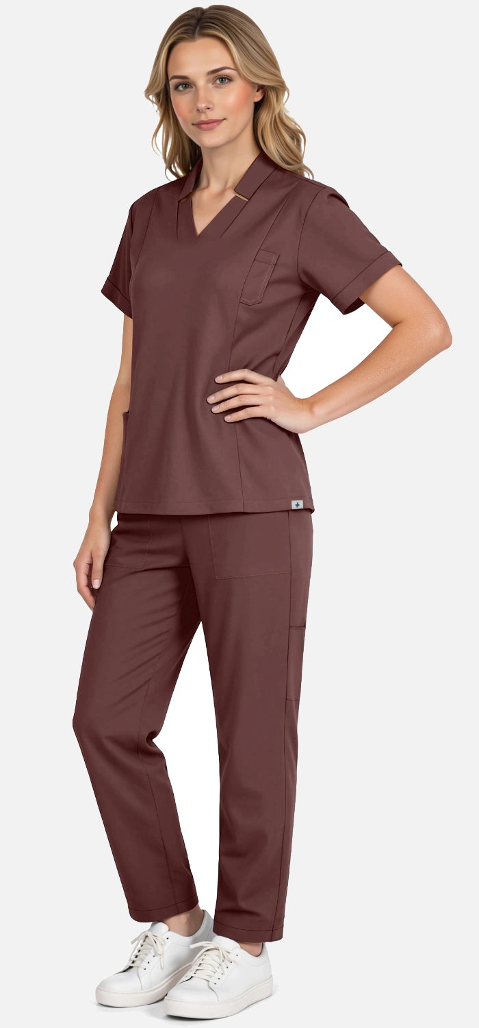 Coffee – Eadflie Women's Split V-Neck Uniform Set – Tapered-Leg 9-Pocket Slim Fit – product image 45