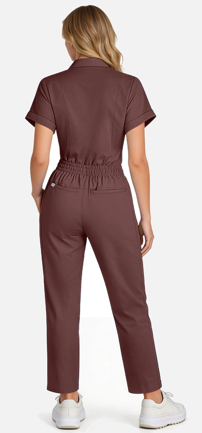 Coffee – Eadflie Women's Split V-Neck Uniform Set – Tapered-Leg 9-Pocket Slim Fit – product image 46