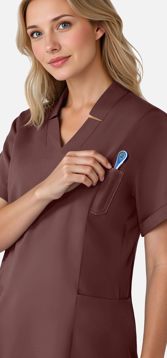 Coffee – Eadflie Women's Split V-Neck Uniform Set – Tapered-Leg 9-Pocket Slim Fit – product image 47