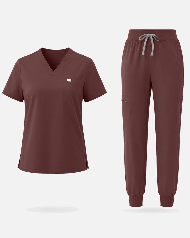 Eadflie Women's Classic V-Neck Jogger Uniform Set - Coffee