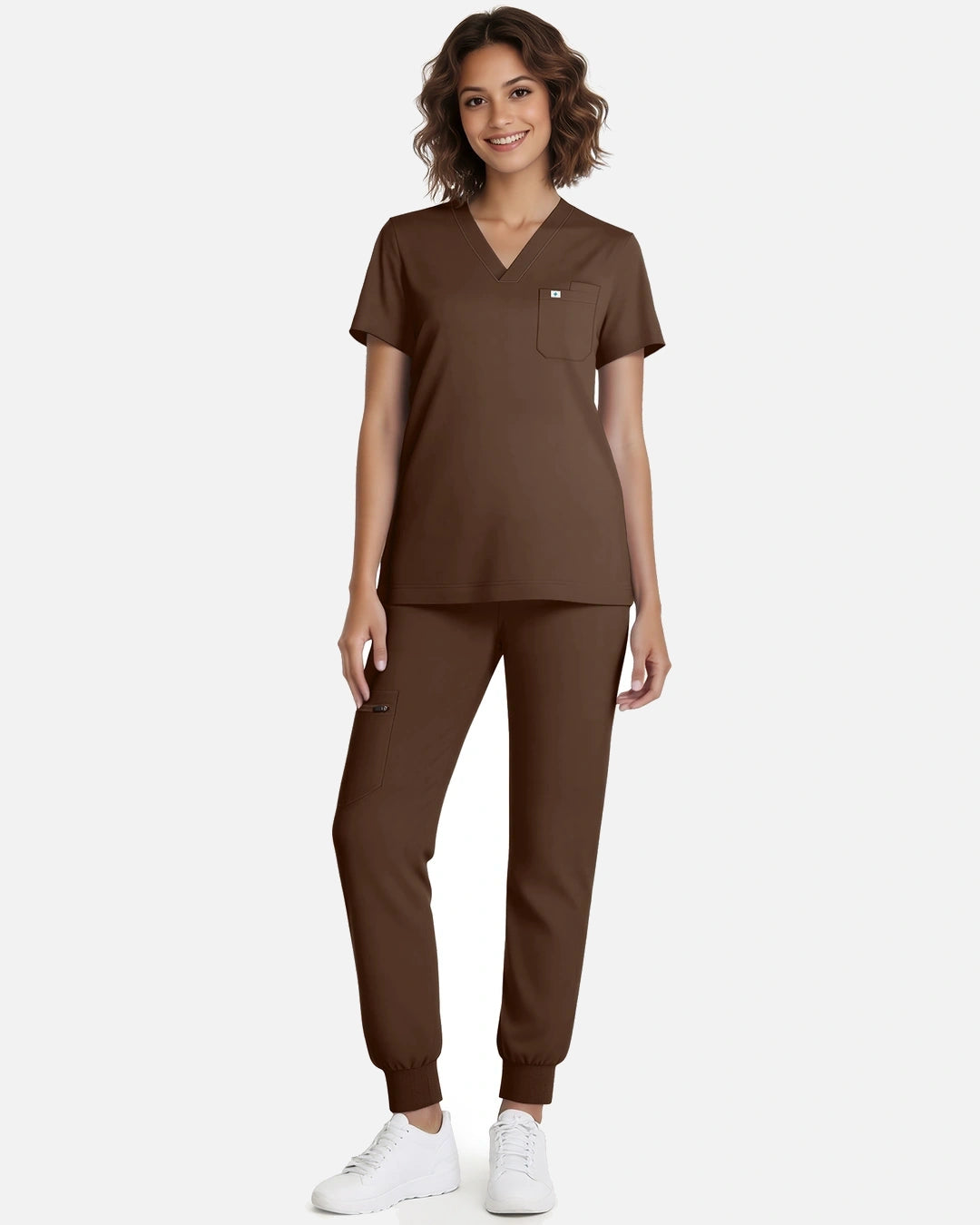 Coffee – Eadflie Women's Classic V-Neck Jogger Uniform Set – product image 01
