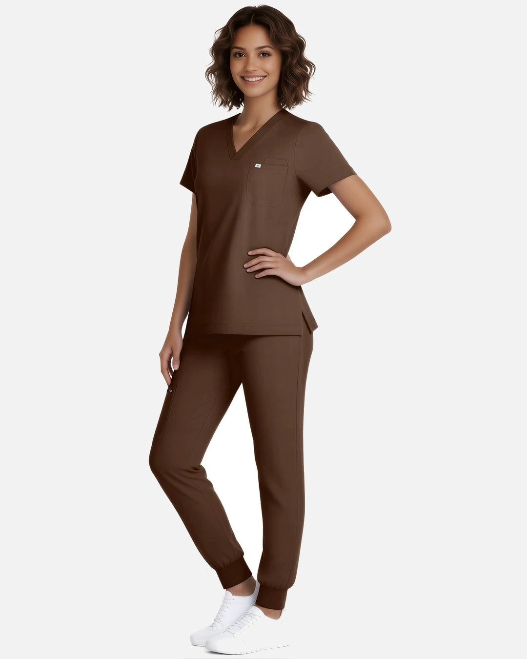 Coffee – Eadflie Women's Classic V-Neck Jogger Uniform Set – product image 03