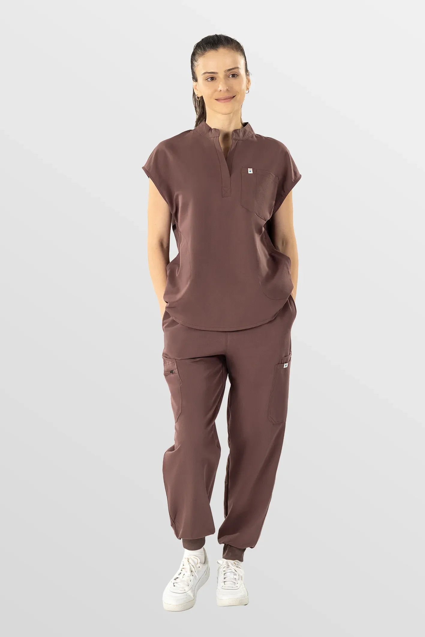 Brown Eipnare Women's Henley Collar Sleeveless Jogger Scrub Set - Stretch Medical Scrubs for Women