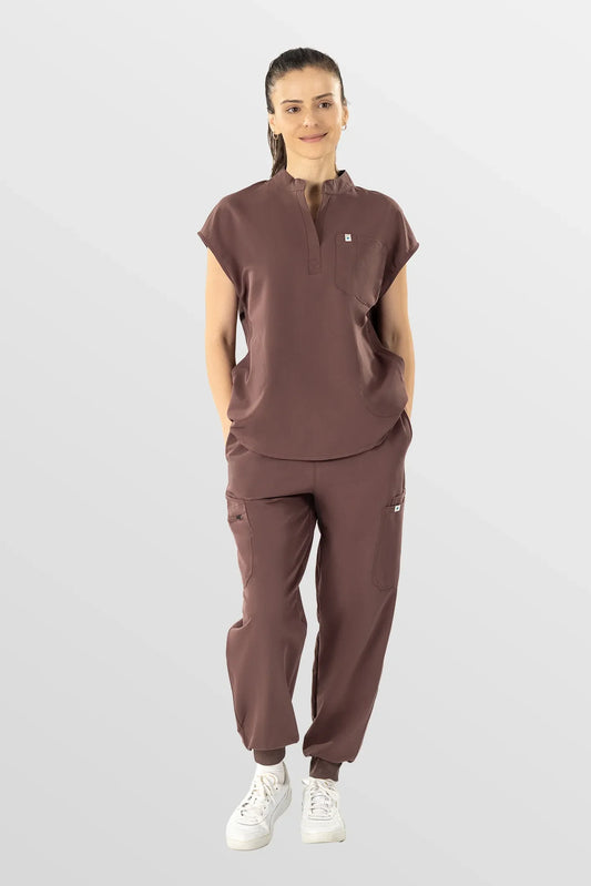 Brown Eipnare Women's Henley Collar Sleeveless Jogger Scrub Set - Stretch Medical Scrubs for Women