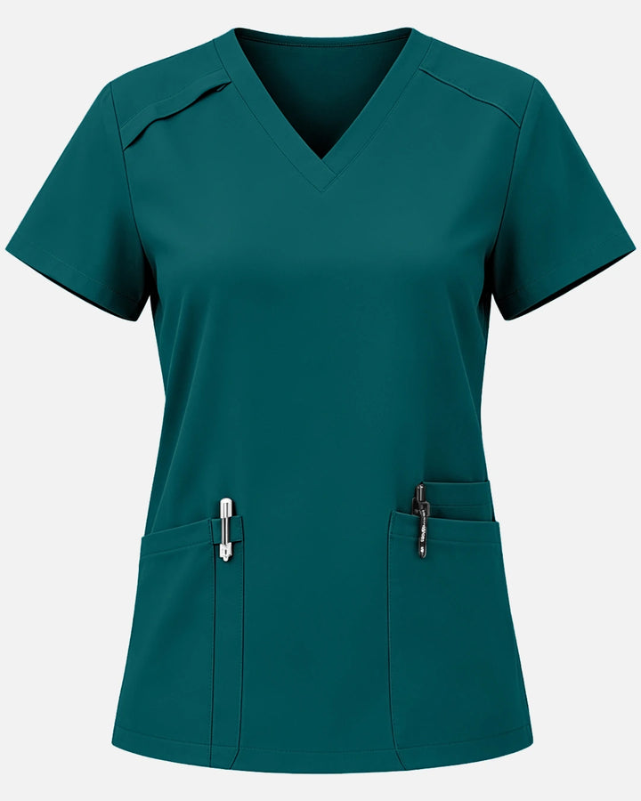 Eadflie Women's Woven V-Neck Uniform Top – Structured with Shoulder Piping - Dark Green