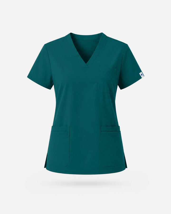 Eadflie Women's V-Neck Uniform Top – Short Sleeve 3-Pocket Soft Stretch - Dark Green